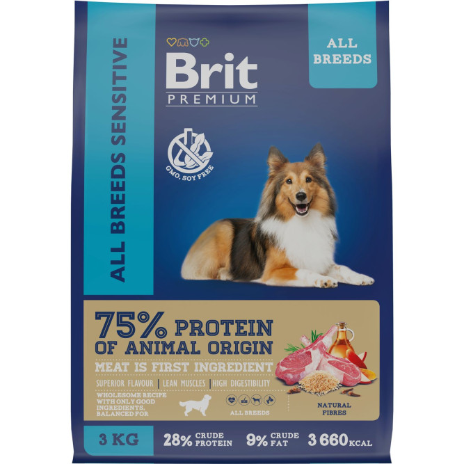 Brit Premium Dog Sensitive сухой корм для взрослых собак всех пород с чувствительным пищеварением с ягненком и индейкой - 3 кг