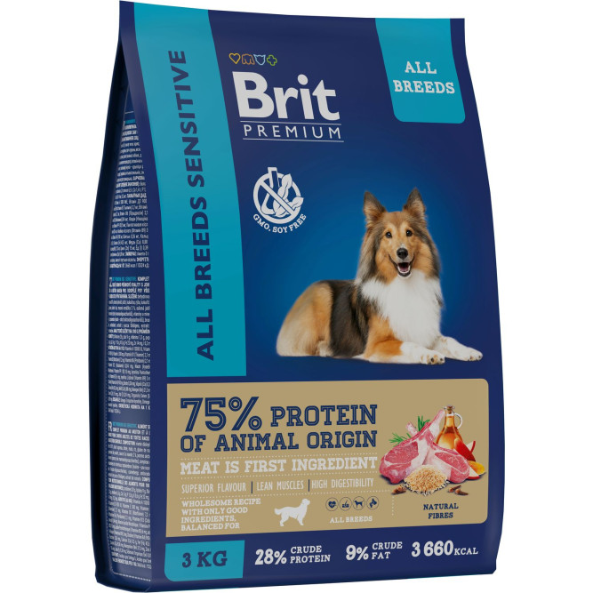 Brit Premium Dog Sensitive сухой корм для взрослых собак всех пород с чувствительным пищеварением с ягненком и индейкой - 3 кг
