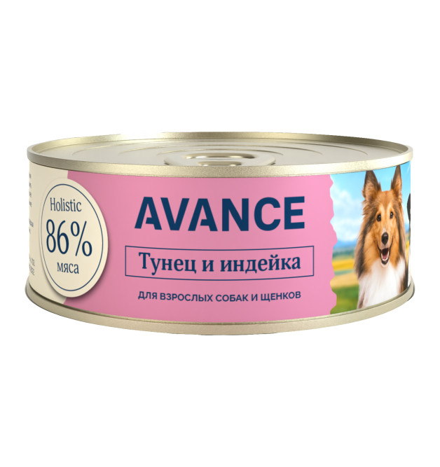 Avance влажный корм для щенков и взрослых собак с тунцом и индейкой, в консервах - 100 г х 12 шт
