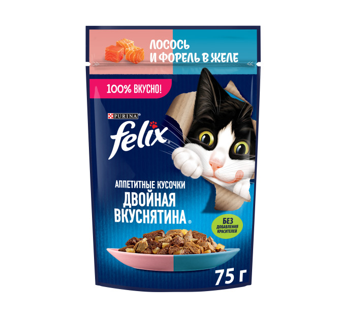 Felix "Аппетитные кусочки" Двойная вкуснятина влажный корм для взрослых кошек с лососем и форелью в желе, в паучах - 75 г х 26 шт