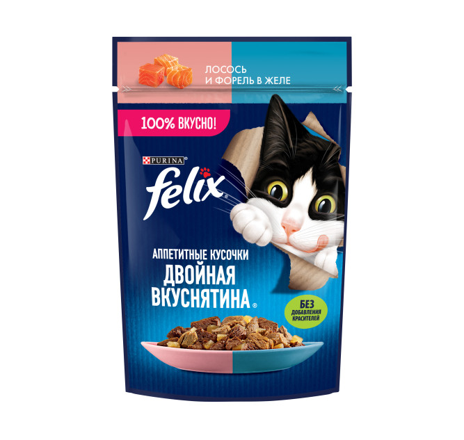 Felix "Аппетитные кусочки" Двойная вкуснятина влажный корм для взрослых кошек с лососем и форелью в желе, в паучах - 75 г х 26 шт