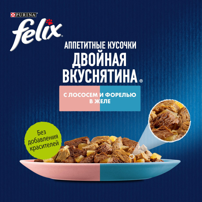 Felix "Аппетитные кусочки" Двойная вкуснятина влажный корм для взрослых кошек с лососем и форелью в желе, в паучах - 75 г х 26 шт
