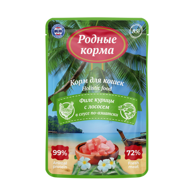 Родные Корма Морская серия Суп влажный корм для кошек, филе курицы с лососем в соусе по-азиатски, в паучах - 85 г х 12 шт