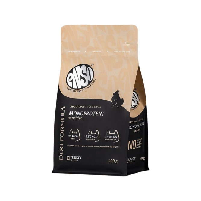 ENSO Dog Formula Monoprotein сухой корм для взрослых собак мелких и миниатюрных пород со свежей индейкой и добавлением шпината - 400 г