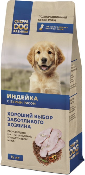 Chepfa Premium сухой корм для щенков средних и крупных пород, с индейкой и бурым рисом - 15 кг