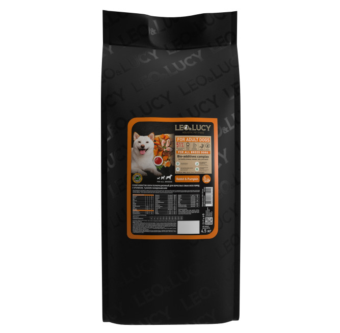 LEO&amp;LUCY сухой холистик корм для взрослых собак всех пород с кроликом и тыквой - 4,5 кг