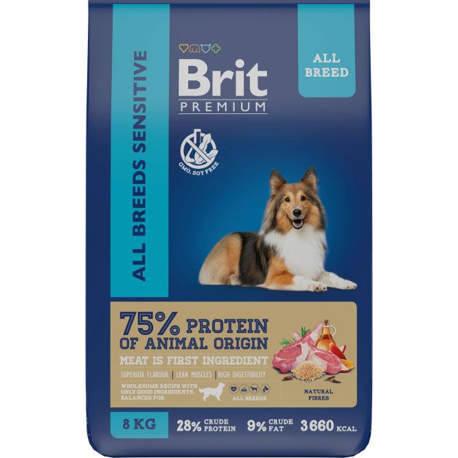 Brit Premium Dog Sensitive сухой корм для взрослых собак всех пород с чувствительным пищеварением с ягненком и индейкой - 8 кг