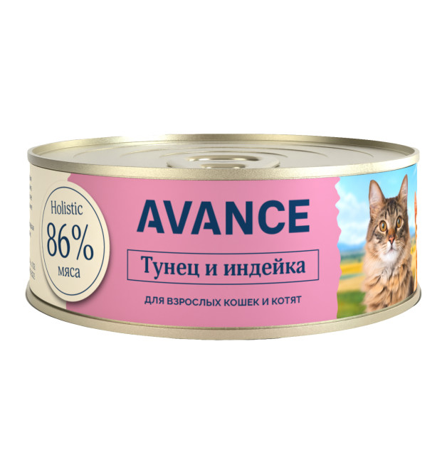 Avance влажный корм для котят и взрослых кошек с тунцом и индейкой, в консервах - 100 г х 12 шт