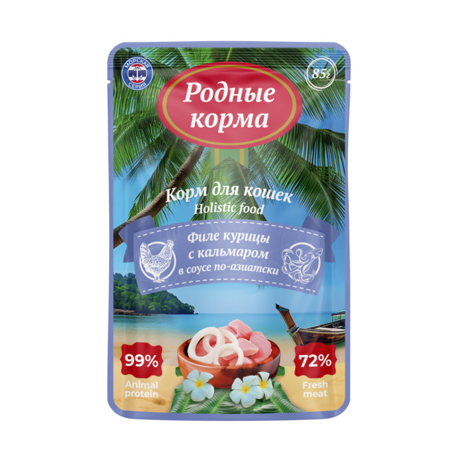 Родные Корма Морская серия Суп влажный корм для кошек, филе курицы с кальмаром в соусе по-азиатски, в паучах - 85 г х 12 шт