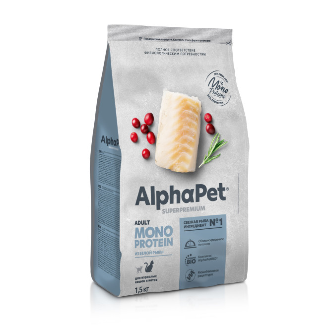 AlphaPet Superpremium Monoprotein сухой корм для взрослых кошек с белой рыбой - 1,5 кг