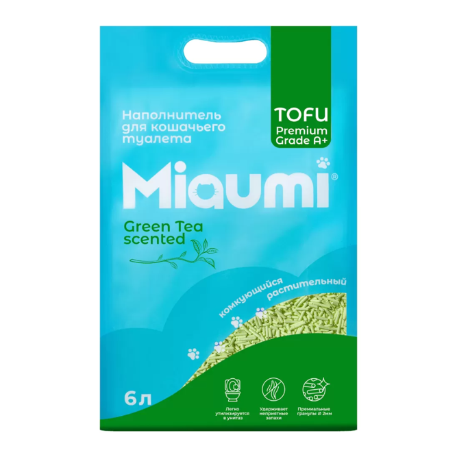 Miaumi Tofu Green Tea Scented комкующийся растительный наполнитель для кошачьего туалета с нежным ароматом зеленого чая - 6 л