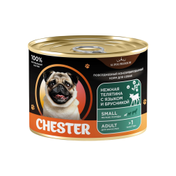Chester Premium влажный корм для взрослых собак мелких пород, нежная телятина с языком и брусникой, в консервах - 240 г х 12 шт