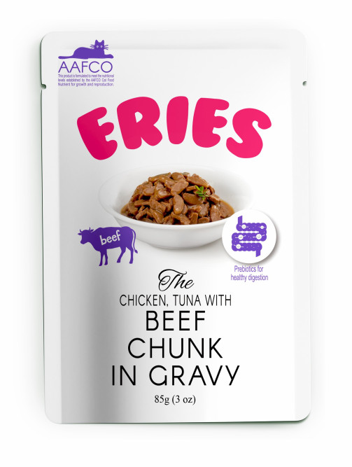 Pettric ERIES влажный корм для кошек с говядиной, курицей и тунцом, кусочки в соусе, в паучах - 85 г х 12 шт