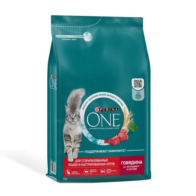 Purina One сухой корм для стерилизованных кошек и кастрированных котов с говядиной и пшеницей - 3 кг