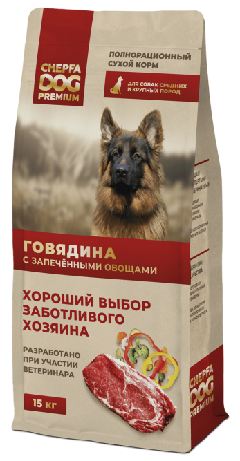 Chepfa Premium сухой корм для взрослых собак средних и крупных пород, с говядиной и запеченными овощами - 15 кг