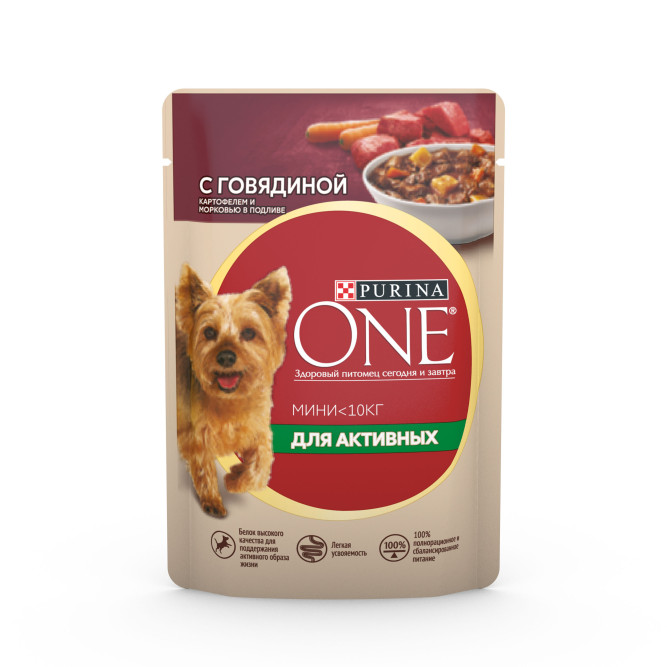 Purina ONE Мини влажный корм для собак мелких пород с активным образом жизни с говядиной, картофелем и морковью в подливе, в паучах - 85 г х 26 шт