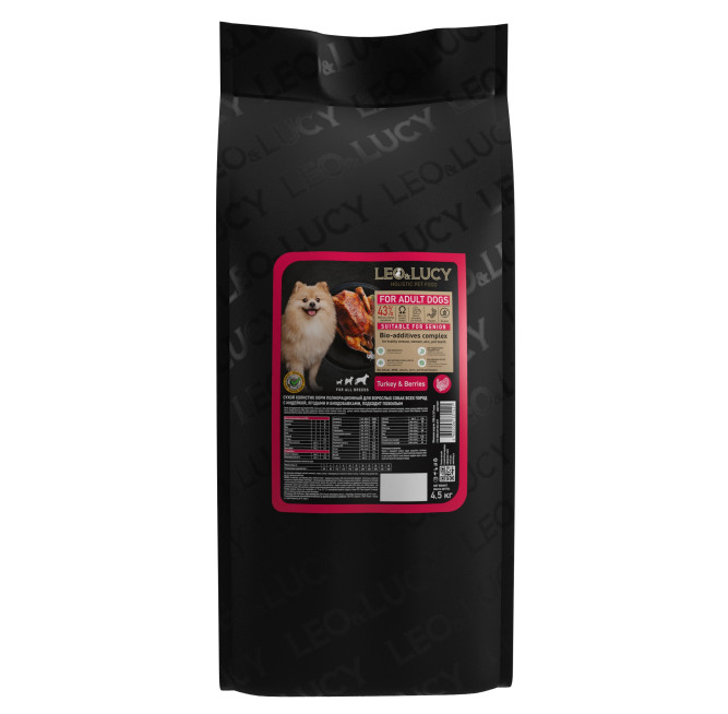LEO&amp;LUCY сухой холистик корм для взрослых и пожилых собак всех пород с индейкой и ягодами - 4,5 кг