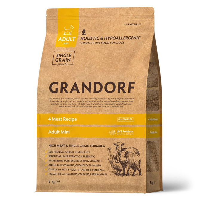 Grandorf Dog 4 Meat Probiotic Mini сухой корм с живыми пробиотиками для взрослых собак мелких пород, 4 вида мяса - 8 кг