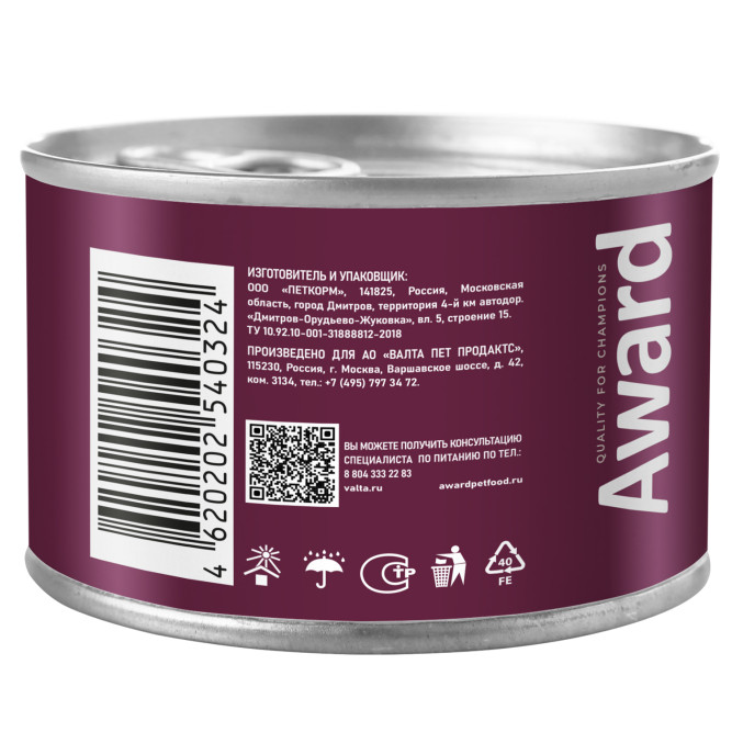 AWARD влажный корм для взрослых собак, паштет с ягненком и яблоком, в консервах - 200 г х 12 шт