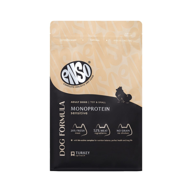 ENSO Dog Formula Monoprotein сухой корм для взрослых собак мелких и миниатюрных пород со свежей индейкой и добавлением шпината - 7 кг