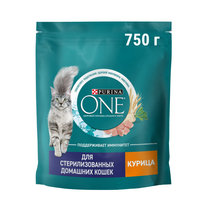Purina One сухой корм для стерилизованных кошек и кастрированных котов, живущих в домашних условиях, с курицей и цельными злаками - 750 г
