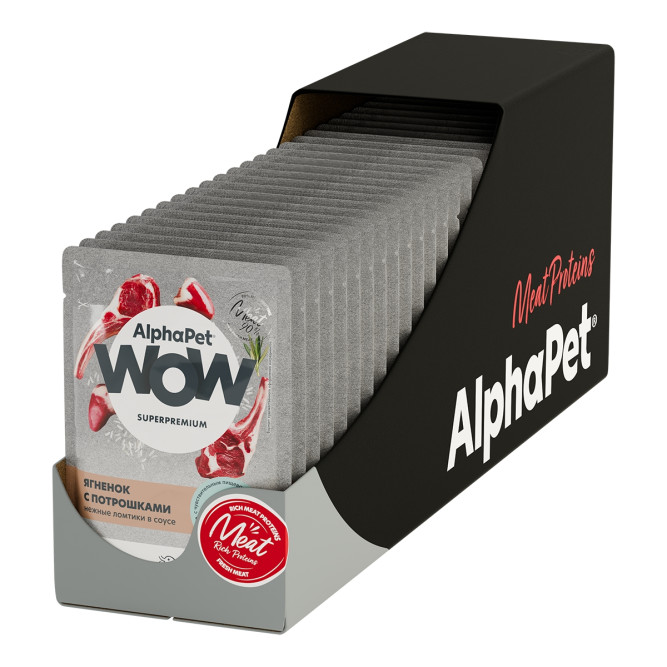 AlphaPet WOW Superpremium влажный корм для взрослых кошек с чувствительным пищеварением с ягненком и потрошками, нежные ломтики в соусе, в паучах - 85 г х 28 шт