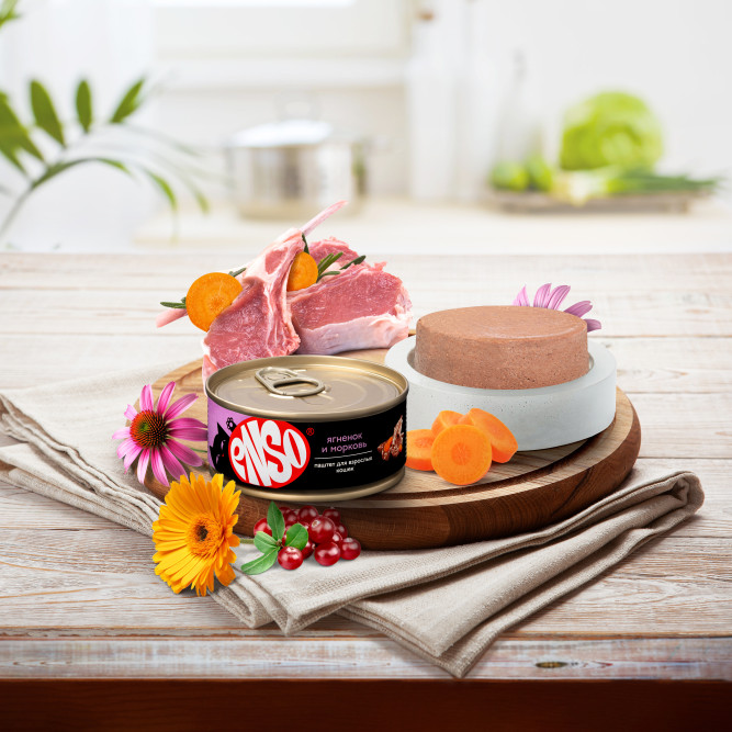 ENSO влажный корм для взрослых кошек, паштет с ягненком и морковью, в консервах - 100 г х 24 шт. СРОК ДО 11.2025
