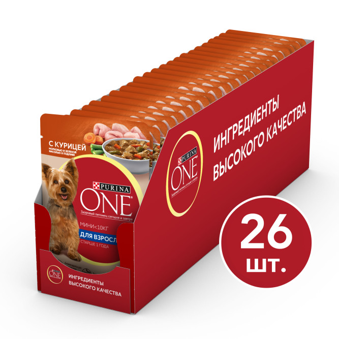 Purina ONE Мини влажный корм для собак мелких пород с курицей, морковью и фасолью в подливе, в паучах - 85 г х 26 шт