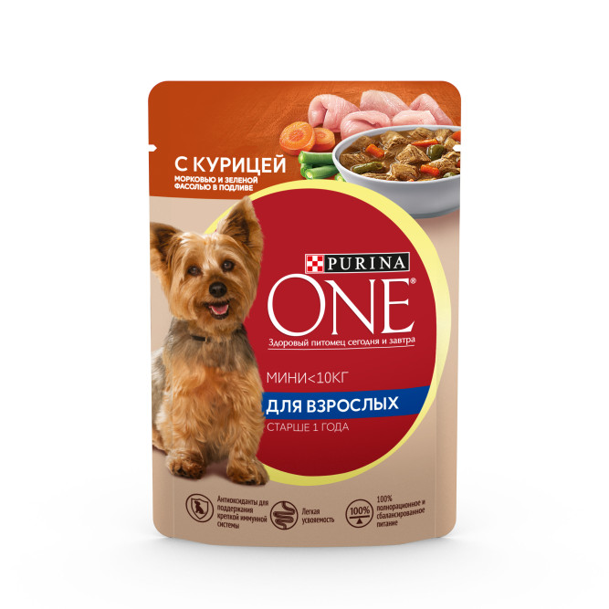 Purina ONE Мини влажный корм для собак мелких пород с курицей, морковью и фасолью в подливе, в паучах - 85 г х 26 шт