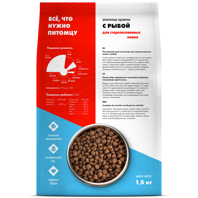 Ultra полнорационный сухой корм для взрослых стерилизованных кошек и кастрированных котов, с рыбой - 1,5 кг