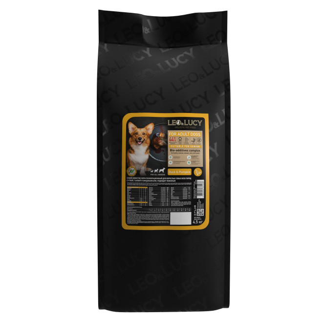 LEO&amp;LUCY сухой холистик корм для взрослых и пожилых собак всех пород с уткой и тыквой - 4,5 кг