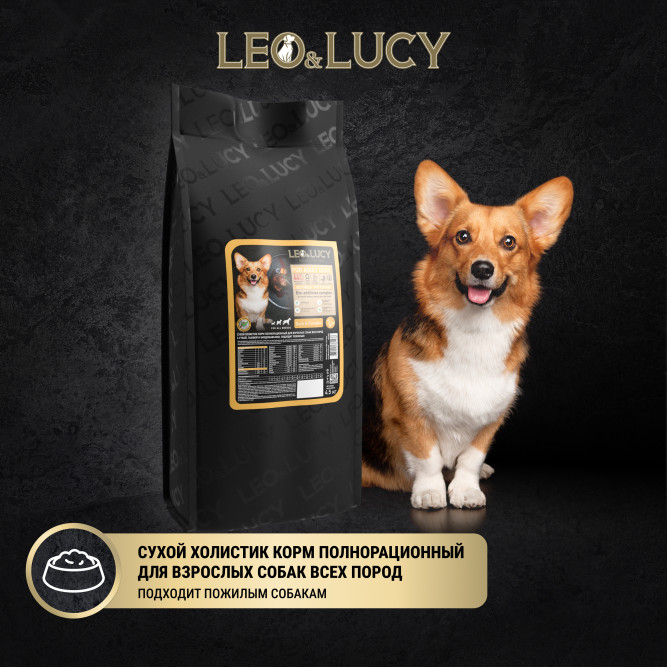 LEO&amp;LUCY сухой холистик корм для взрослых и пожилых собак всех пород с уткой и тыквой - 4,5 кг