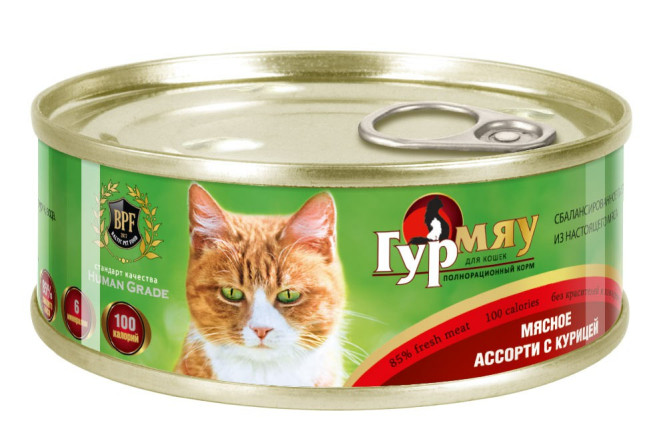 Гурмяу влажный корм для взрослых кошек мясное ассорти с курицей, в консервах - 100 г х 24 шт