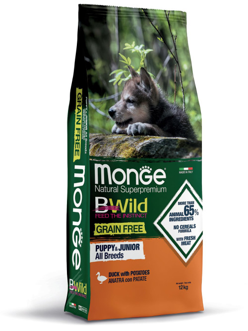 Monge Dog BWild Grain Free сухой беззерновой корм для щенков всех пород с мясом утки и картофелем 12 кг
