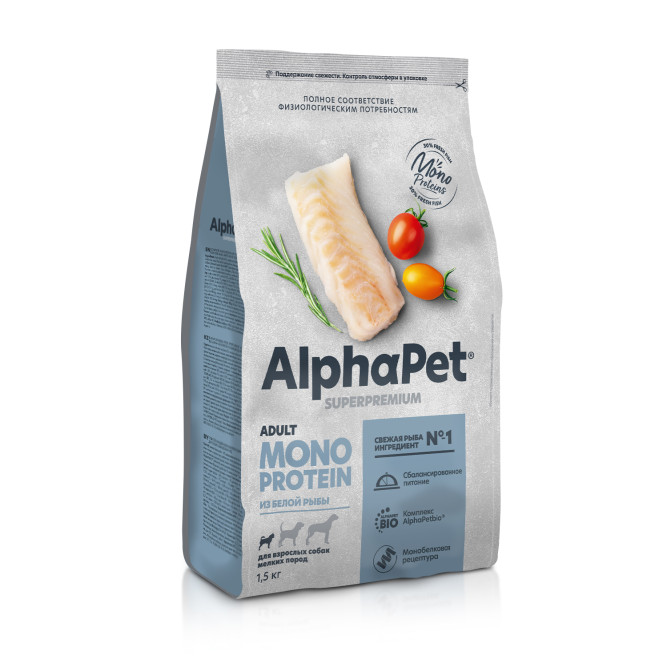 AlphaPet Superpremium Monoprotein сухой корм для взрослых собак мелких пород с белой рыбой - 1,5 кг