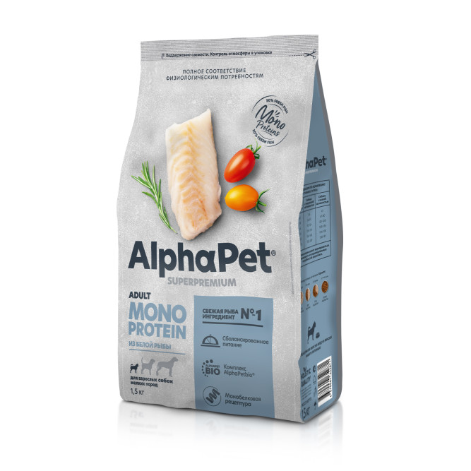 AlphaPet Superpremium Monoprotein сухой корм для взрослых собак мелких пород с белой рыбой - 1,5 кг