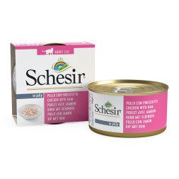 Schesir Cat Adult влажный корм для взрослых кошек с филе цыпленка и ветчиной в желе, в консервах - 85 г х 14 шт