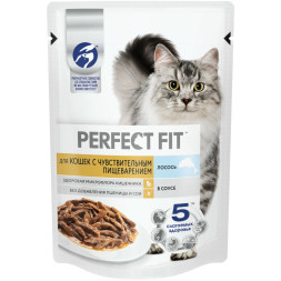 Perfect Fit влажный корм для взрослых кошек с чувствительным пищеварением, с лососем в соусе, в паучах - 75 г х 28 шт