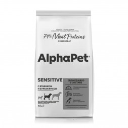 AlphaPet Superpremium сухой полнорационный корм для взрослых собак средних пород с чувствительным пищеварением с ягненком и бурым рисом - 18 кг