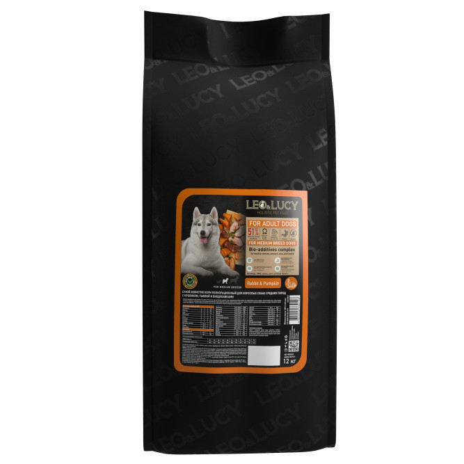 LEO&amp;LUCY сухой холистик корм для взрослых собак средних пород с кроликом и тыквой - 12 кг