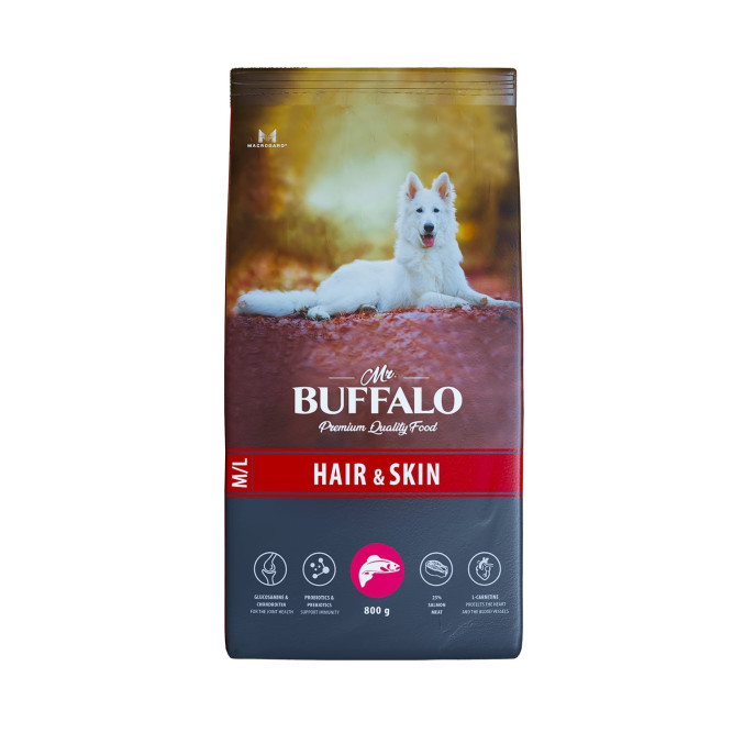 Mr.Buffalo Hair &amp; Skin Care полнорационный сухой корм для взрослых собак всех пород, для здоровой кожи и красивой шерсти, с лососем - 800 г