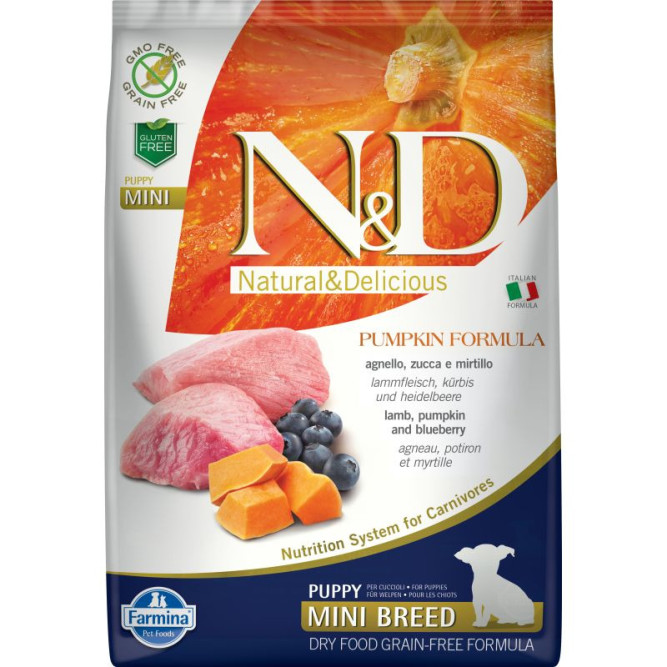Farmina N&amp;D Pumpkin Dog Grain Free Lamb &amp; Blueberry Puppy Mini сухой беззерновой корм для щенков мелких пород с ягненком, черникой и тыквой - 7 кг