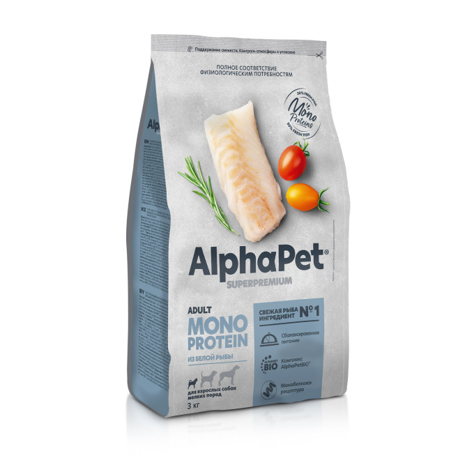 AlphaPet Superpremium Monoprotein сухой корм для взрослых собак мелких пород с белой рыбой - 3 кг