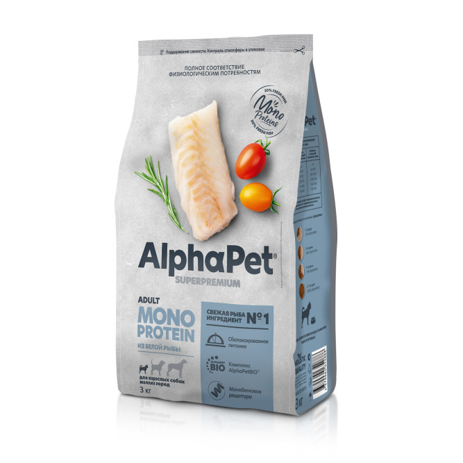 AlphaPet Superpremium Monoprotein сухой корм для взрослых собак мелких пород с белой рыбой - 3 кг