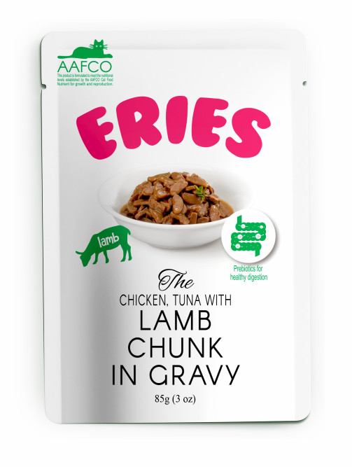 Pettric ERIES влажный корм для кошек с ягненком, тунцом и курицей, кусочки в соусе, в паучах - 85 г х 12 шт