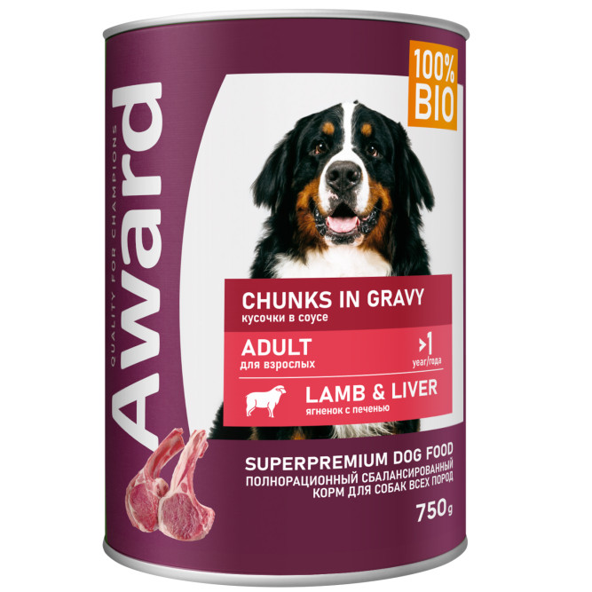 AWARD влажный корм для взрослых собак, кусочки с ягненком и печенью в соусе, в консервах - 750 г х 12 шт