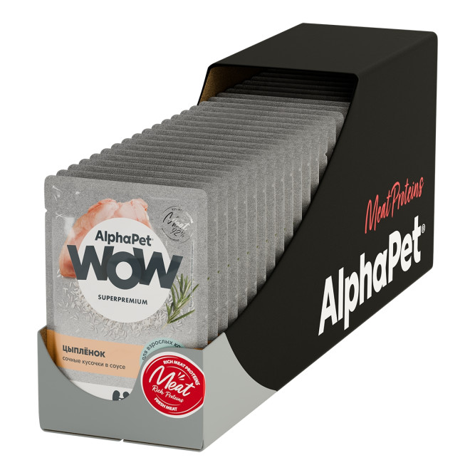 AlphaPet WOW Superpremium влажный корм для взрослых кошек с цыпленком, сочные кусочки в соусе, в паучах - 85 г х 28 шт