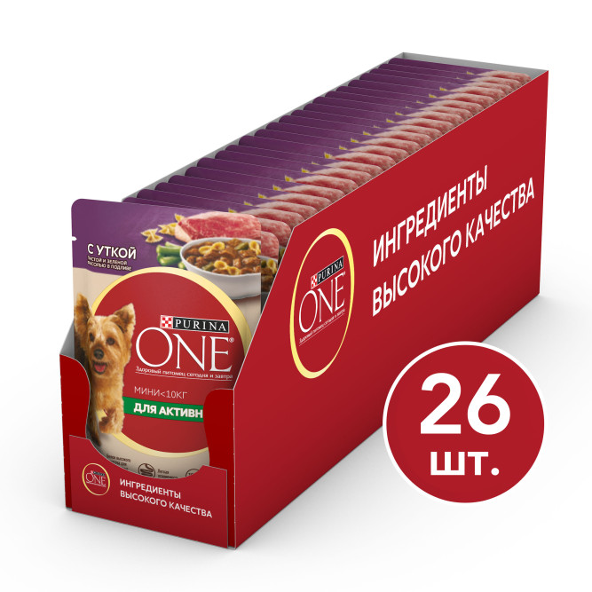 Purina ONE Мини влажный корм для собак мелких пород при активном образе жизни с уткой, пастой и зеленой фасолью в подливе, в паучах - 85 г х 26 шт