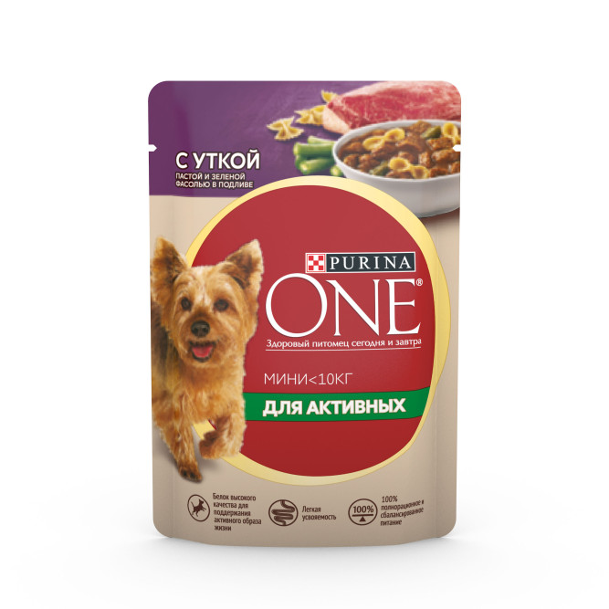 Purina ONE Мини влажный корм для собак мелких пород при активном образе жизни с уткой, пастой и зеленой фасолью в подливе, в паучах - 85 г х 26 шт