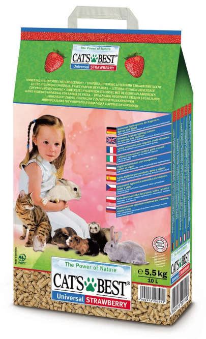 Cats Best Universal Strawberry наполнитель древесный впитывающий универсальный, с ароматом клубники - 10 л (5,5 кг)